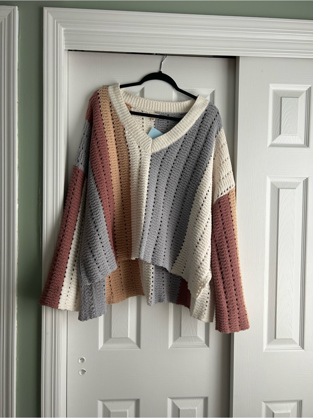 POL Striped V-Neck Crochet Sweater - Cream, Gray & Mauve